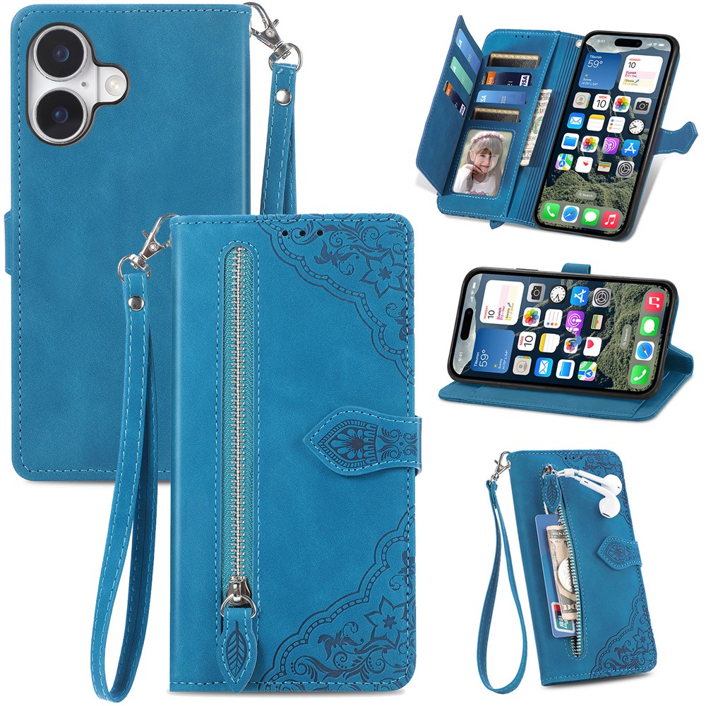 For iPhone 17 Zipper Wallet Case with Strap Flower Imprint PU Leather Phone Cover - Blue
