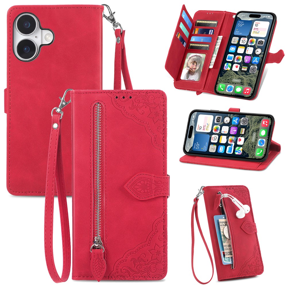For iPhone 17 Zipper Wallet Case with Strap Flower Imprint PU Leather Phone Cover - Red