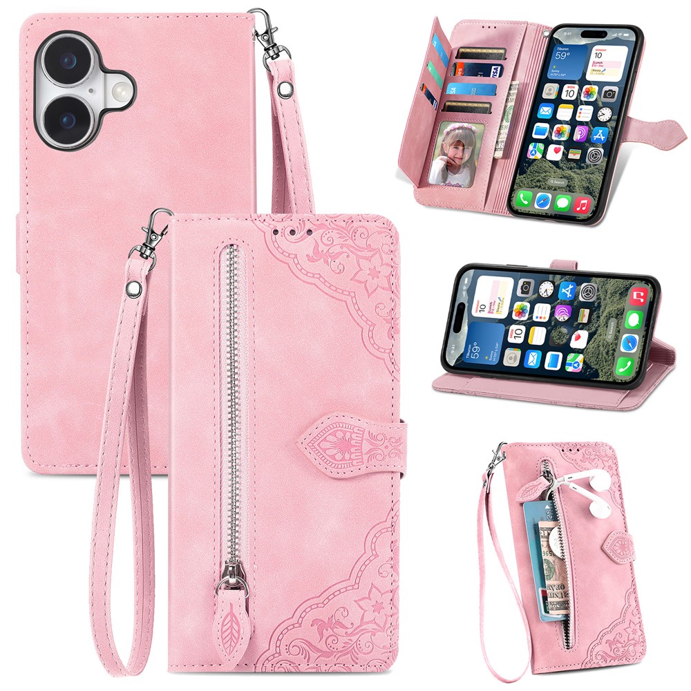 For iPhone 17 Zipper Wallet Case with Strap Flower Imprint PU Leather Phone Cover - Pink