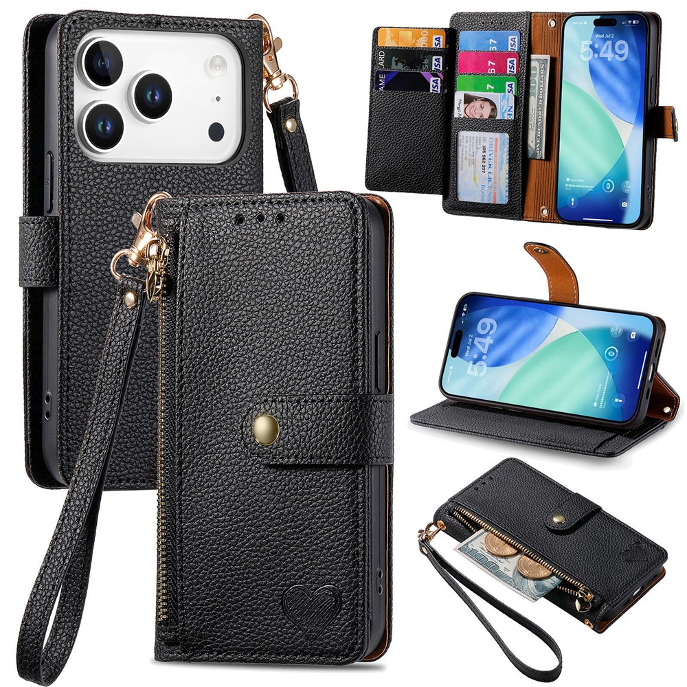 For iPhone 17 Pro Max Case RFID Blocking Zipper Pocket Leather Wallet Phone Cover with Strap - Black