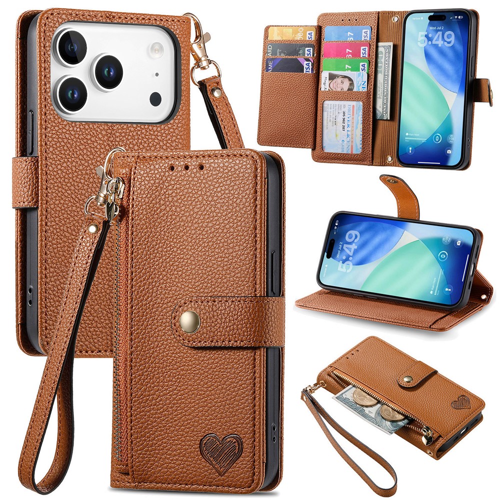 For iPhone 17 Pro Max Case RFID Blocking Zipper Pocket Leather Wallet Phone Cover with Strap - Brown