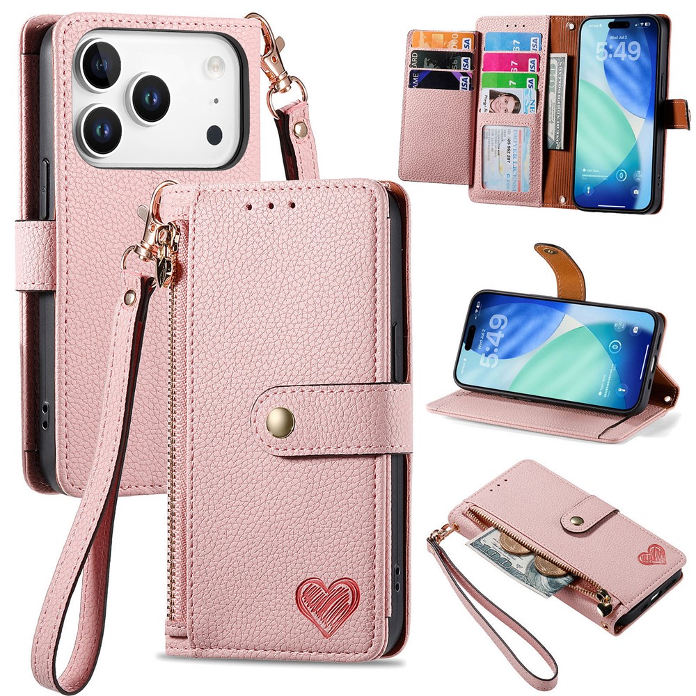 For iPhone 17 Pro Max Case RFID Blocking Zipper Pocket Leather Wallet Phone Cover with Strap - Pink