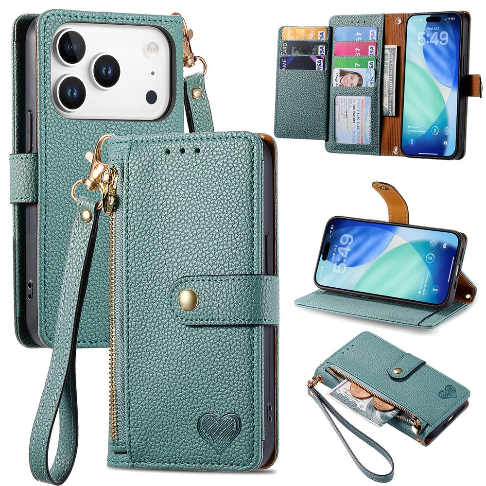 For iPhone 17 Pro Max Case RFID Blocking Zipper Pocket Leather Wallet Phone Cover with Strap - Green