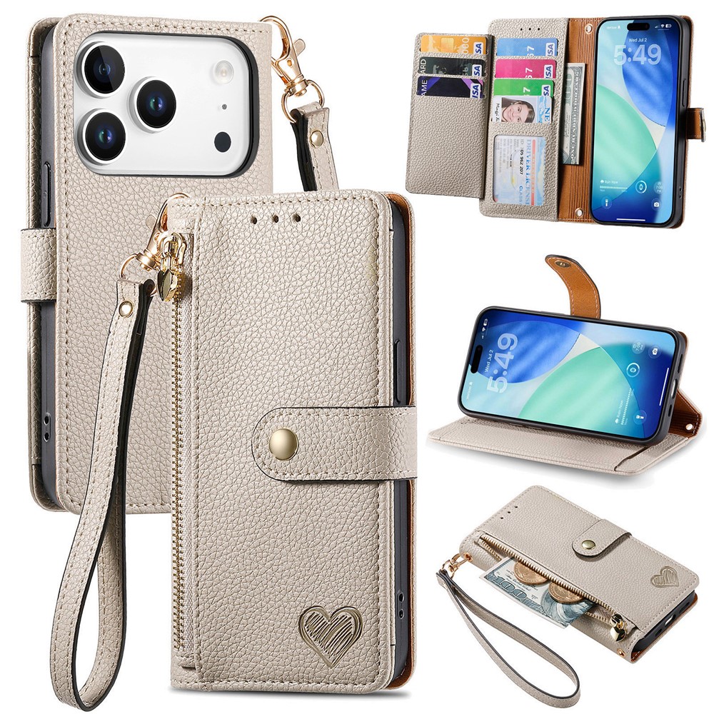 For iPhone 17 Pro Max Case RFID Blocking Zipper Pocket Leather Wallet Phone Cover with Strap - Grey