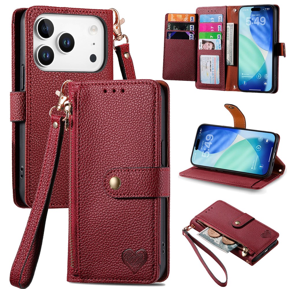 For iPhone 17 Pro Max Case RFID Blocking Zipper Pocket Leather Wallet Phone Cover with Strap - Red