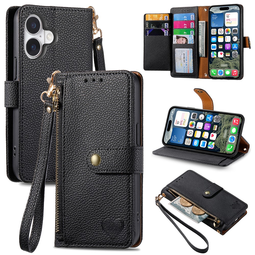 For iPhone 17 Case RFID Blocking Zipper Pocket Leather Wallet Phone Cover with Strap - Black