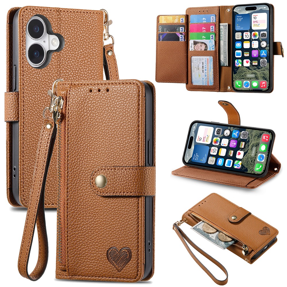 For iPhone 17 Case RFID Blocking Zipper Pocket Leather Wallet Phone Cover with Strap - Brown