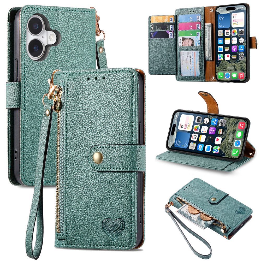 For iPhone 17 Case RFID Blocking Zipper Pocket Leather Wallet Phone Cover with Strap - Blue