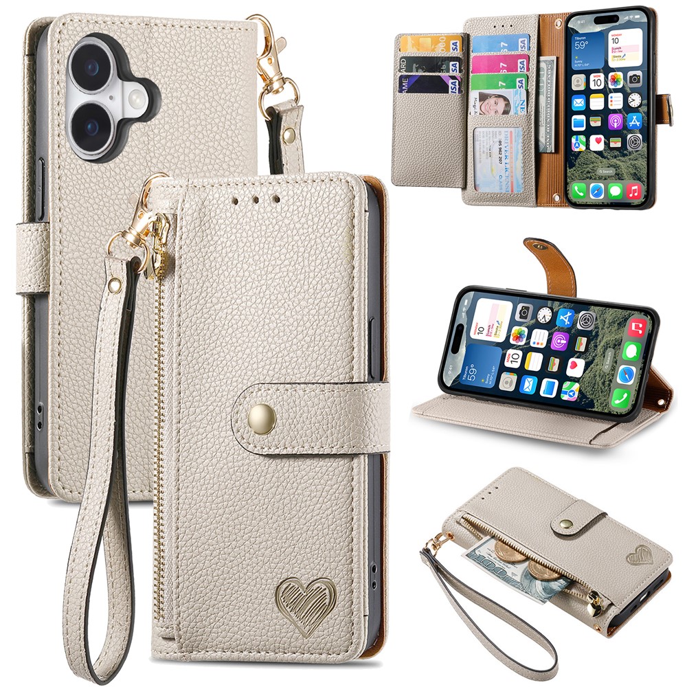 For iPhone 17 Case RFID Blocking Zipper Pocket Leather Wallet Phone Cover with Strap - Grey