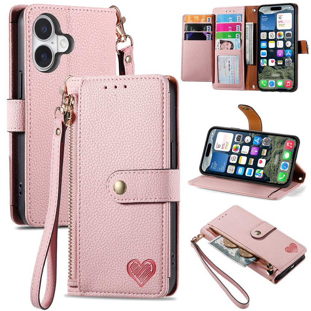 For iPhone 17 Case RFID Blocking Zipper Pocket Leather Wallet Phone Cover with Strap - Pink