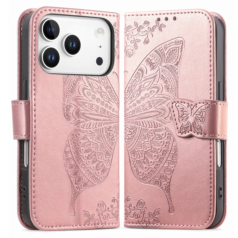 For iPhone 17 Pro Max Case with Strap Butterfly Pattern PU Leather Wallet Phone Cover - Rose Gold
