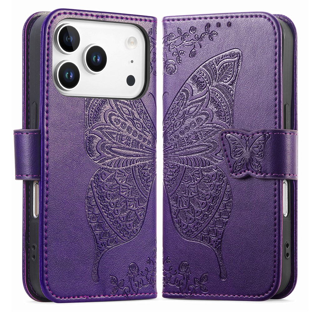 For iPhone 17 Pro Max Case with Strap Butterfly Pattern PU Leather Wallet Phone Cover - Dark Purple