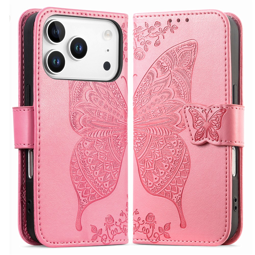 For iPhone 17 Pro Max Case with Strap Butterfly Pattern PU Leather Wallet Phone Cover - Pink