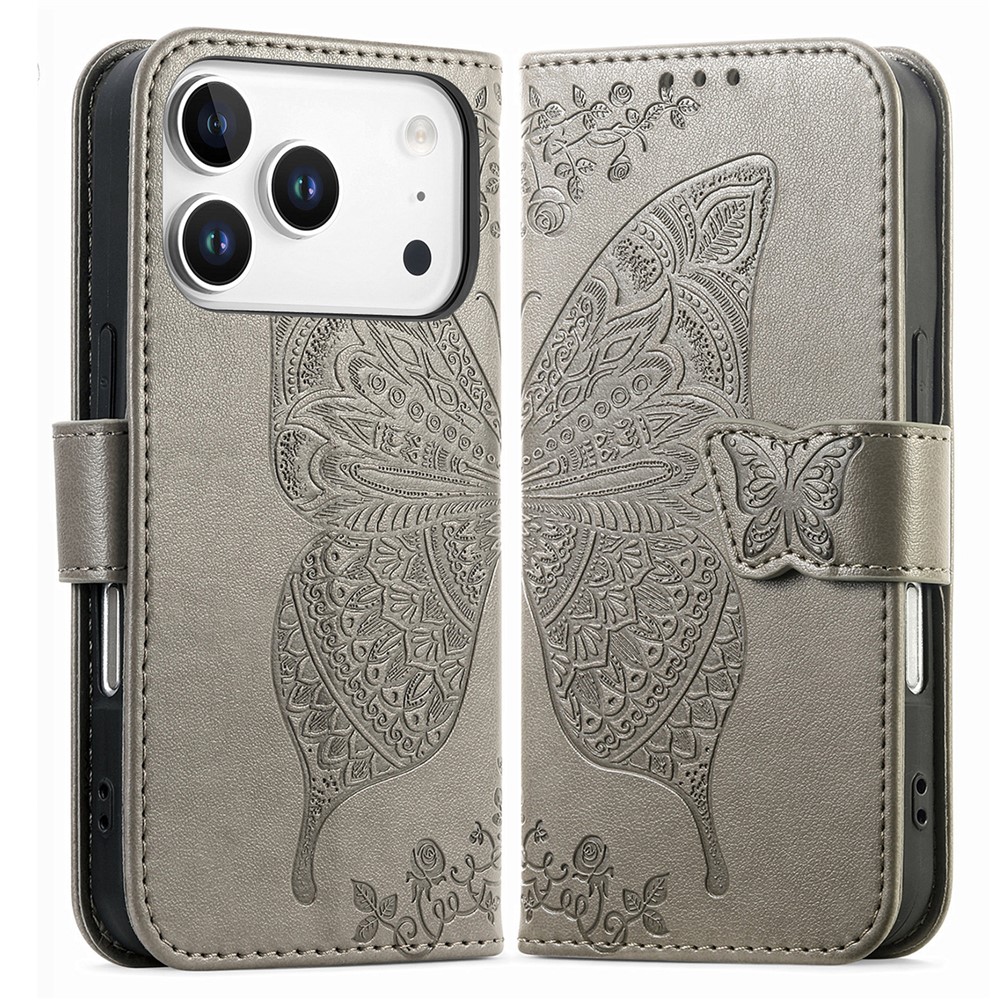 For iPhone 17 Pro Max Case with Strap Butterfly Pattern PU Leather Wallet Phone Cover - Grey