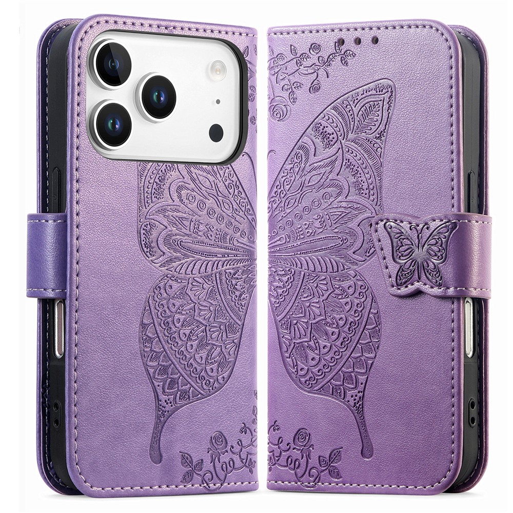 For iPhone 17 Pro Max Case with Strap Butterfly Pattern PU Leather Wallet Phone Cover - Light Purple