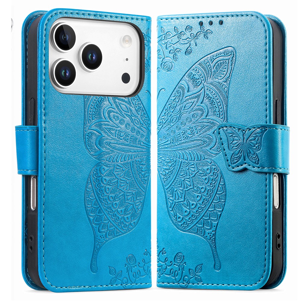 For iPhone 17 Pro Max Case with Strap Butterfly Pattern PU Leather Wallet Phone Cover - Blue