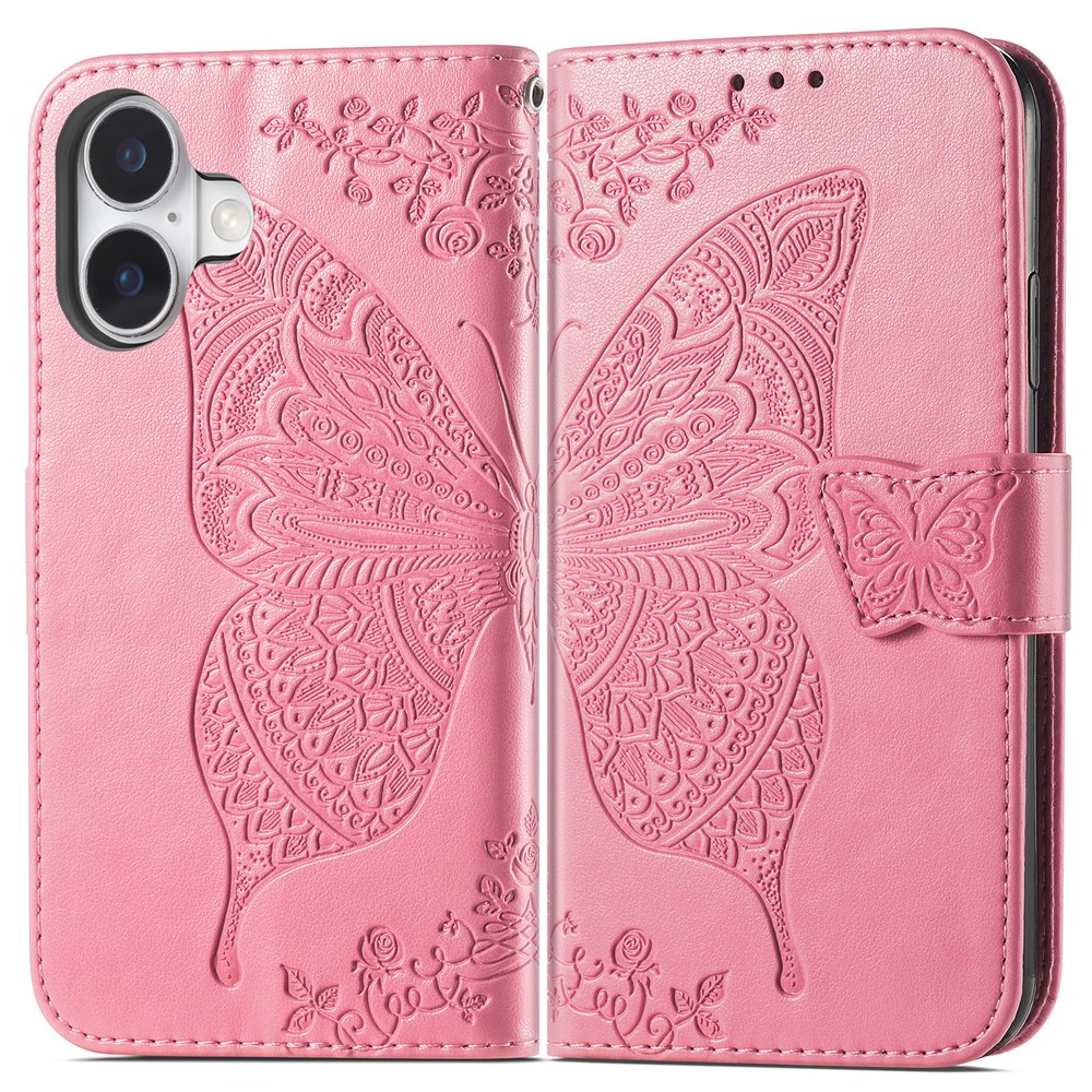 For iPhone 17 Case with Strap Butterfly Pattern PU Leather Wallet Phone Cover - Pink