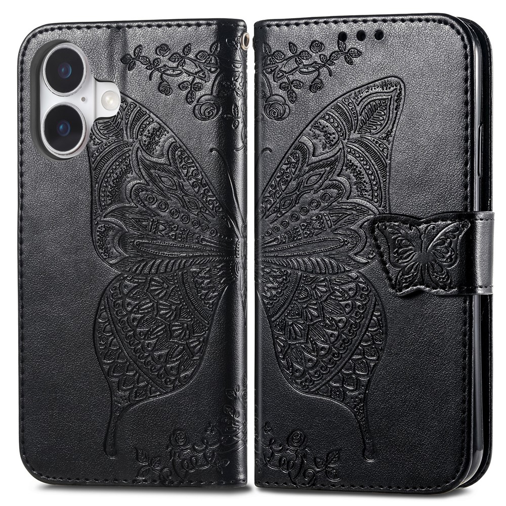 For iPhone 17 Case with Strap Butterfly Pattern PU Leather Wallet Phone Cover - Black
