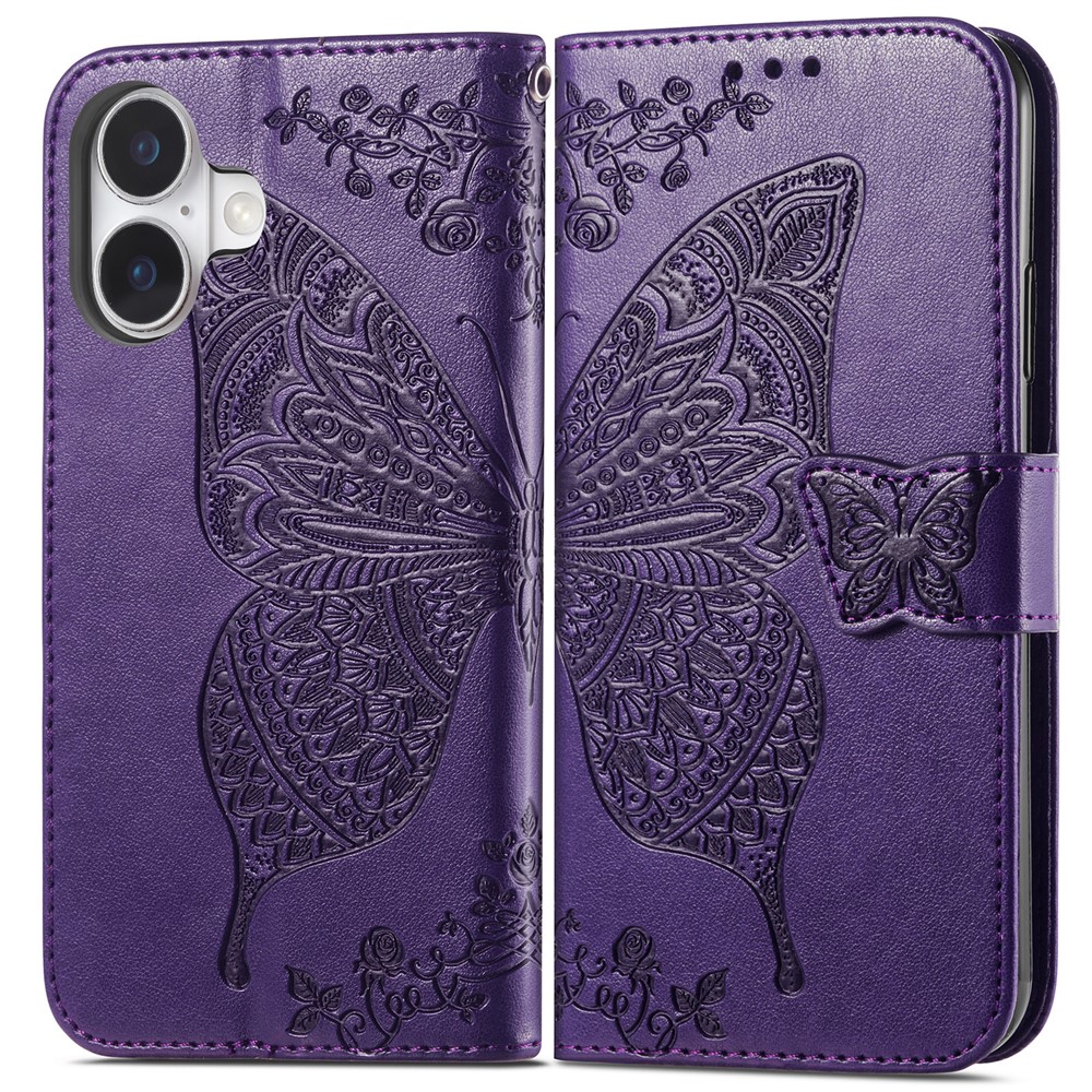 For iPhone 17 Case with Strap Butterfly Pattern PU Leather Wallet Phone Cover - Dark Purple