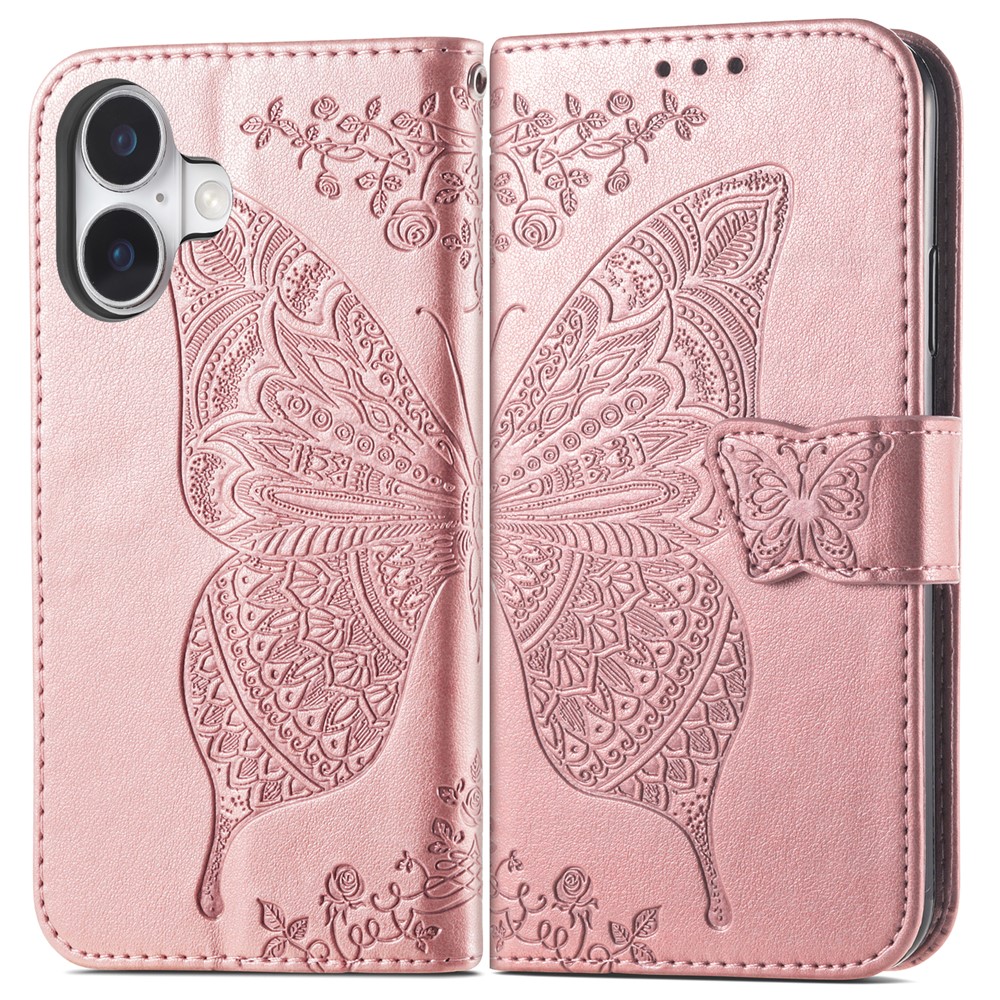 For iPhone 17 Case with Strap Butterfly Pattern PU Leather Wallet Phone Cover - Rose Gold