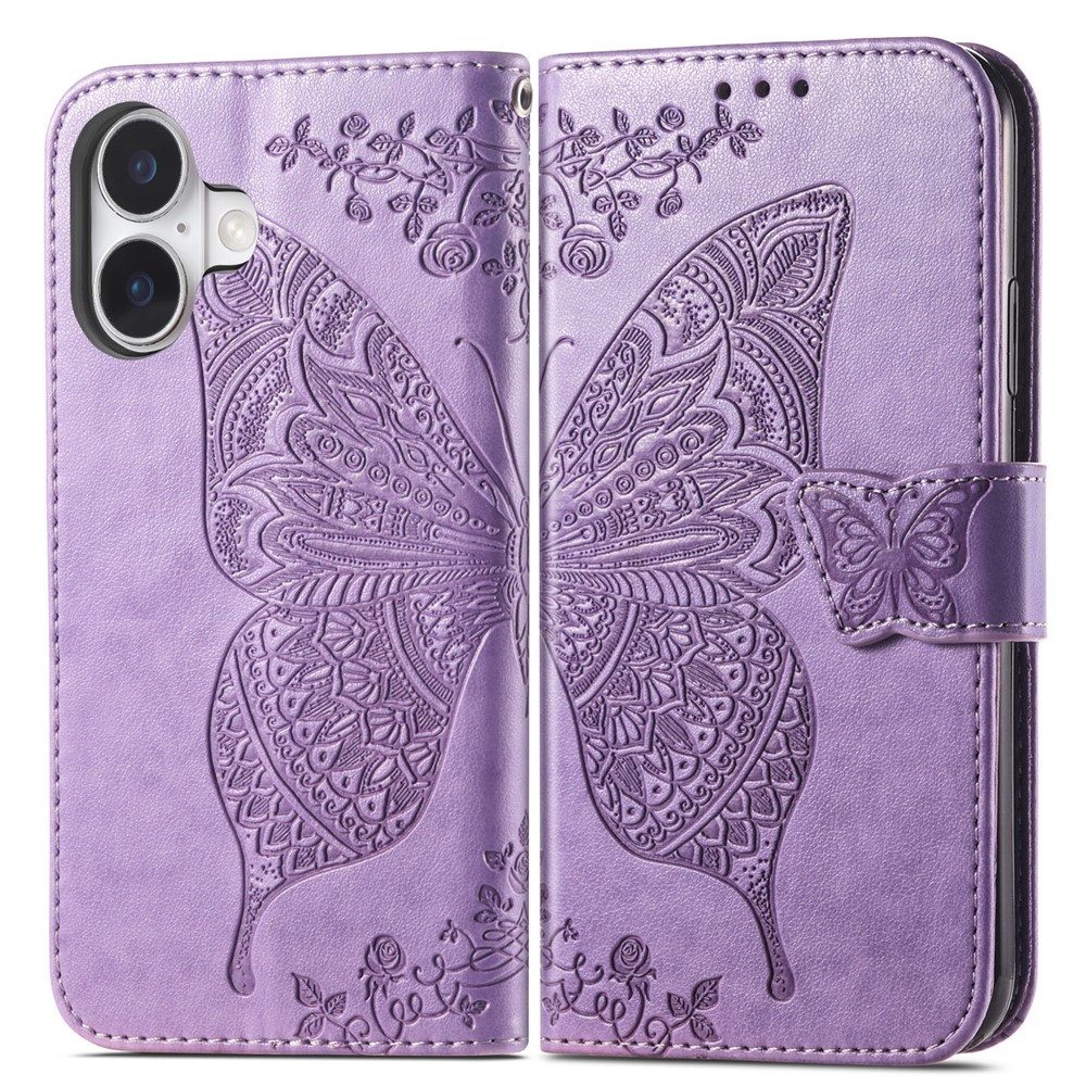 For iPhone 17 Case with Strap Butterfly Pattern PU Leather Wallet Phone Cover - Light Purple