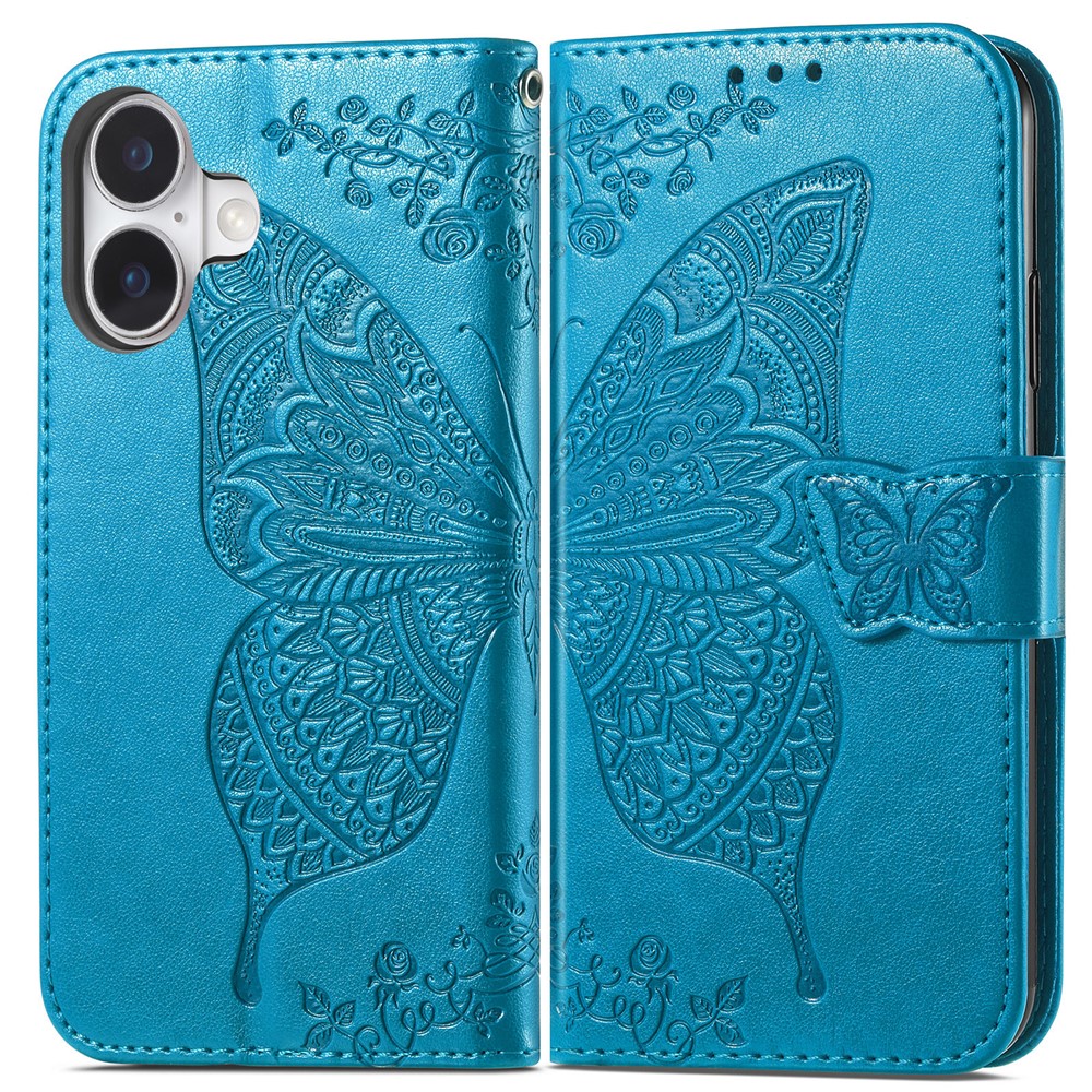 For iPhone 17 Case with Strap Butterfly Pattern PU Leather Wallet Phone Cover - Blue