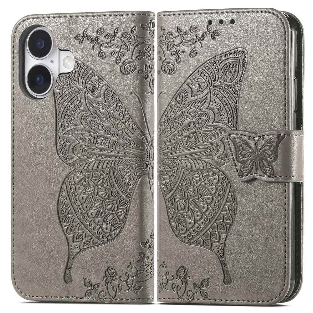 For iPhone 17 Case with Strap Butterfly Pattern PU Leather Wallet Phone Cover - Grey