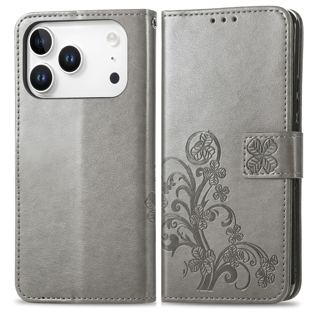 For iPhone 17 Pro Max Leather Case Four-Leaf Clover Wallet Phone Cover - Grey