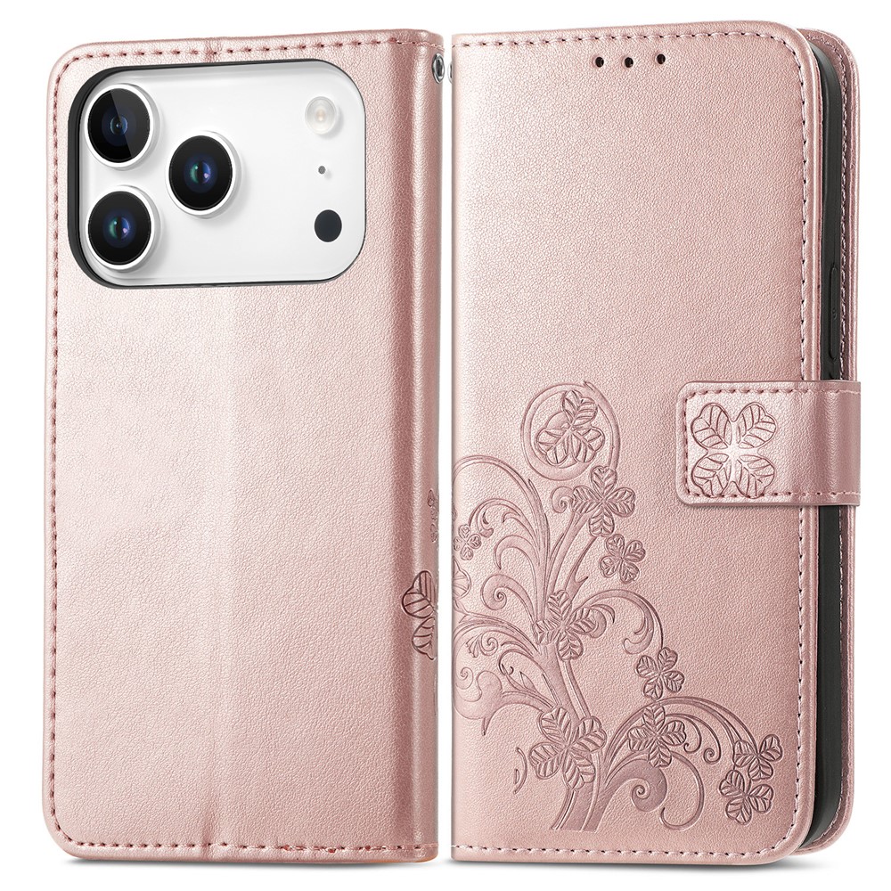 For iPhone 17 Pro Max Leather Case Four-Leaf Clover Wallet Phone Cover - Rose Gold