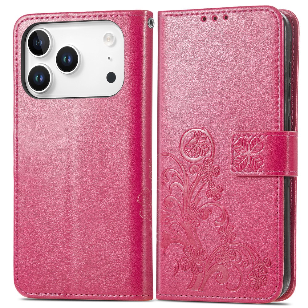 For iPhone 17 Pro Max Leather Case Four-Leaf Clover Wallet Phone Cover - Rose