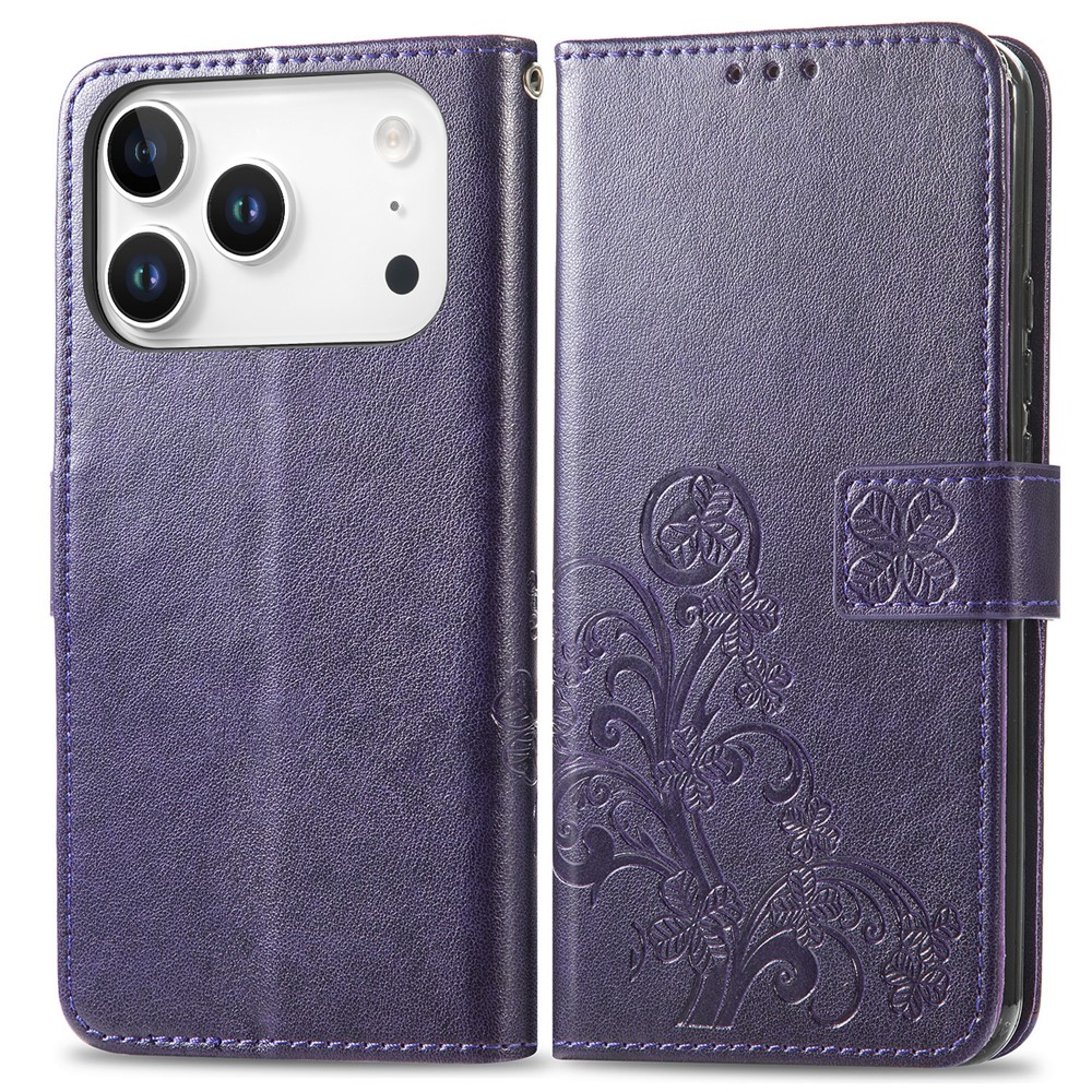 For iPhone 17 Pro Max Leather Case Four-Leaf Clover Wallet Phone Cover - Purple