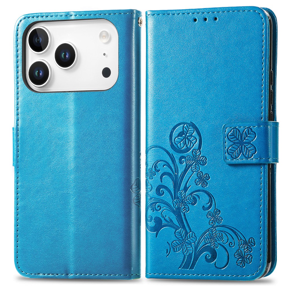 For iPhone 17 Pro Max Leather Case Four-Leaf Clover Wallet Phone Cover - Blue