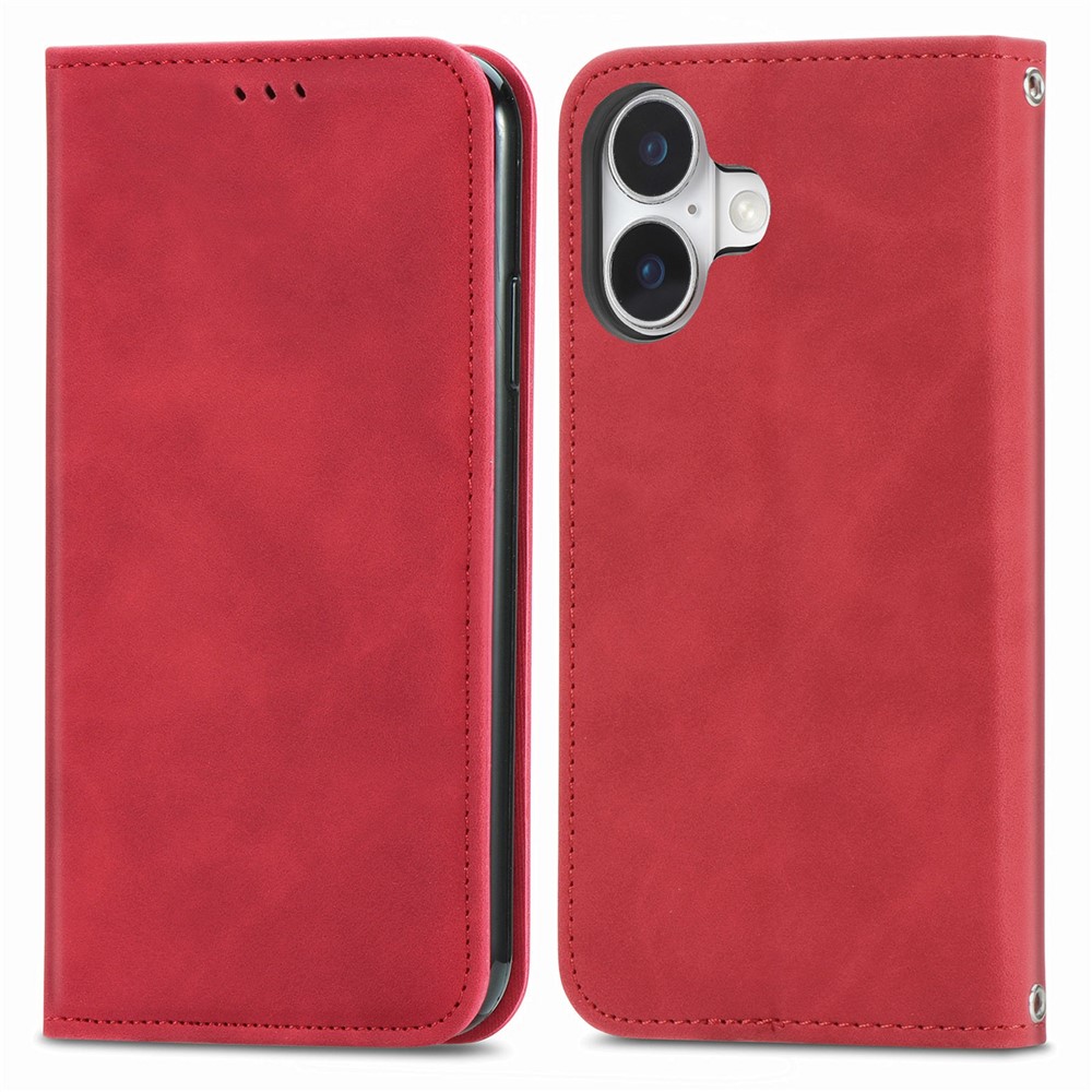 For iPhone 17 Leather Case with Card Holder Magnetic Absorption Phone Cover - Red