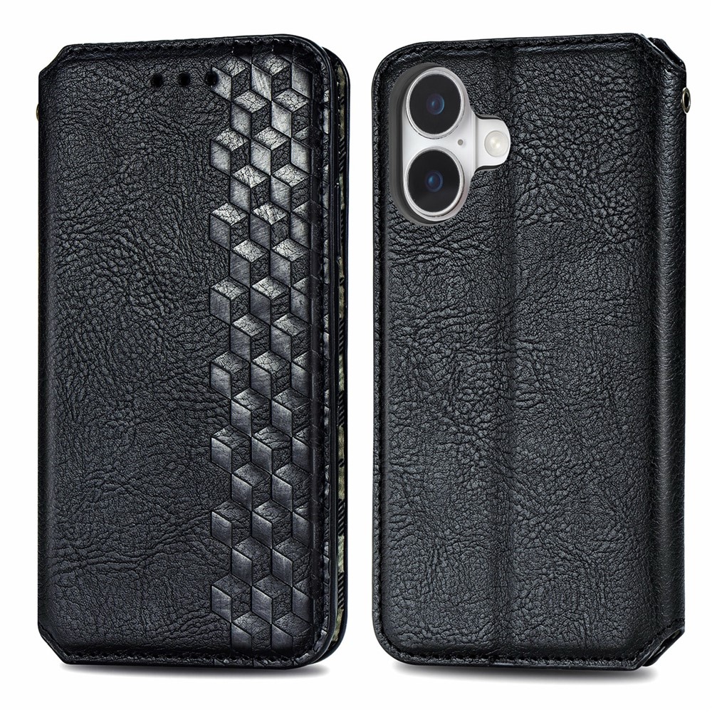 For iPhone 17 Case Rhombus Imprint PU Leather Wallet Phone Cover - Black