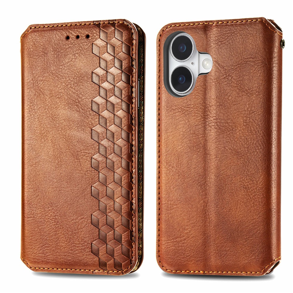 For iPhone 17 Case Rhombus Imprint PU Leather Wallet Phone Cover - Brown