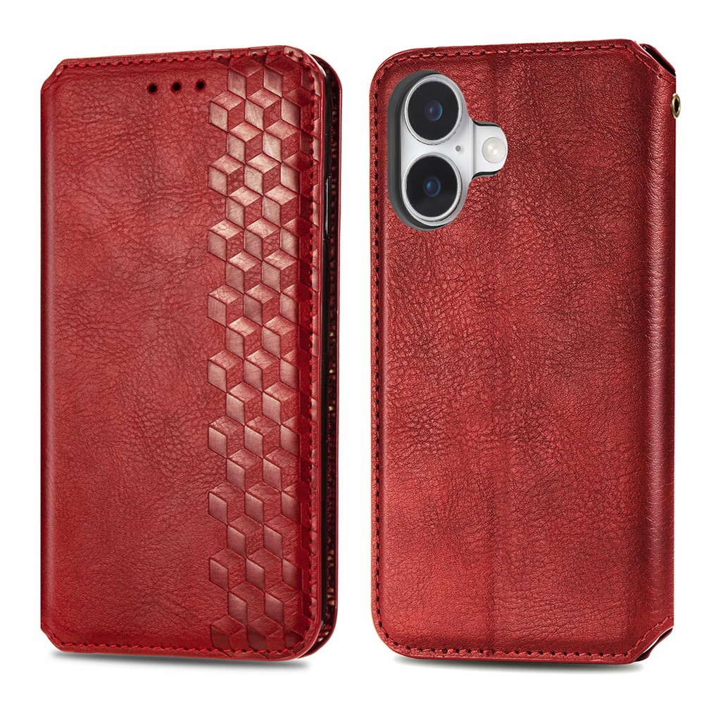 For iPhone 17 Case Rhombus Imprint PU Leather Wallet Phone Cover - Red