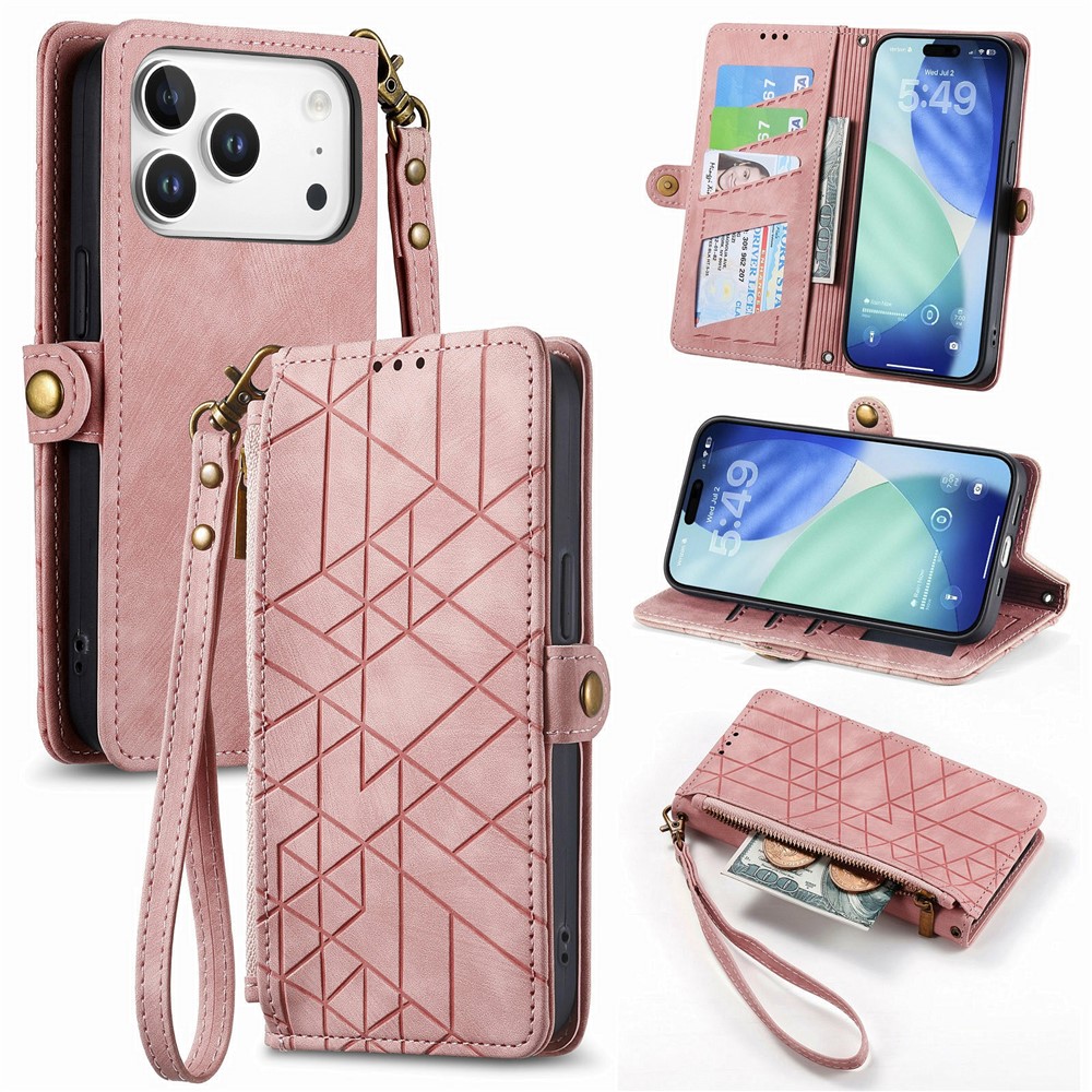 For iPhone 17 Pro Max Case Zipper Wallet Geometry Lines Leather Phone Cover with Strap - Pink