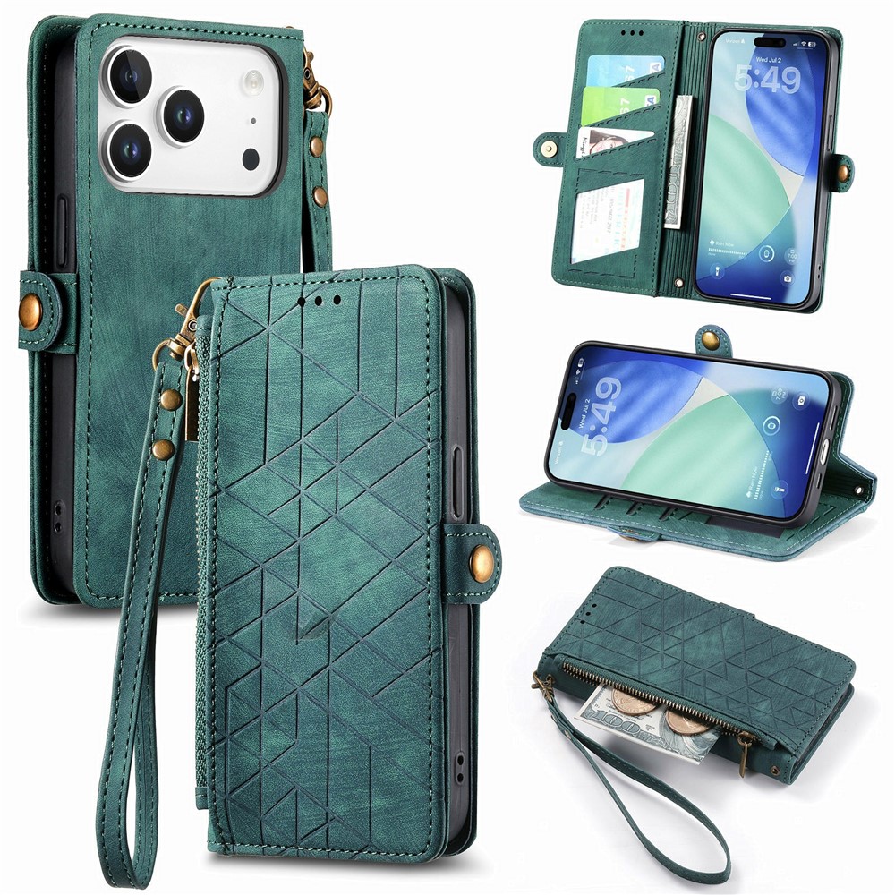 For iPhone 17 Pro Max Case Zipper Wallet Geometry Lines Leather Phone Cover with Strap - Green