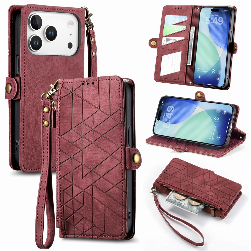 For iPhone 17 Pro Max Case Zipper Wallet Geometry Lines Leather Phone Cover with Strap - Red