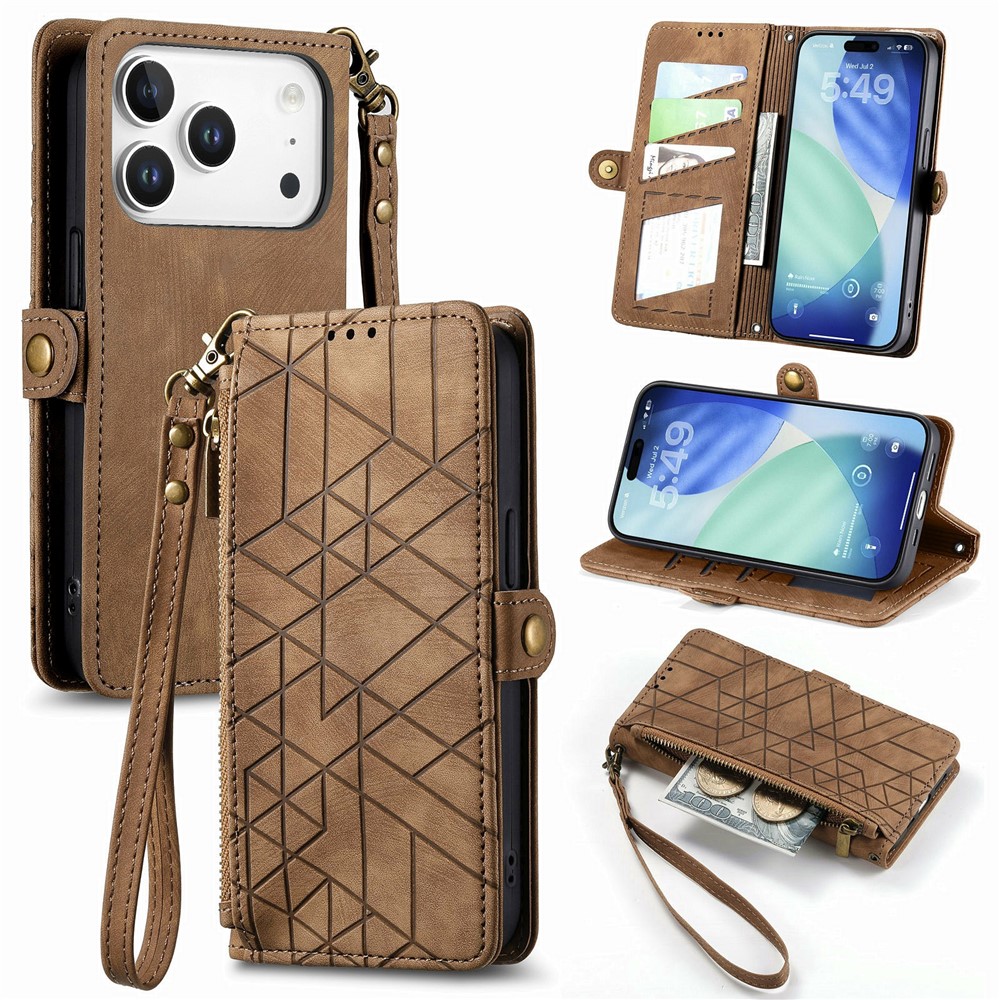 For iPhone 17 Pro Max Case Zipper Wallet Geometry Lines Leather Phone Cover with Strap - Brown