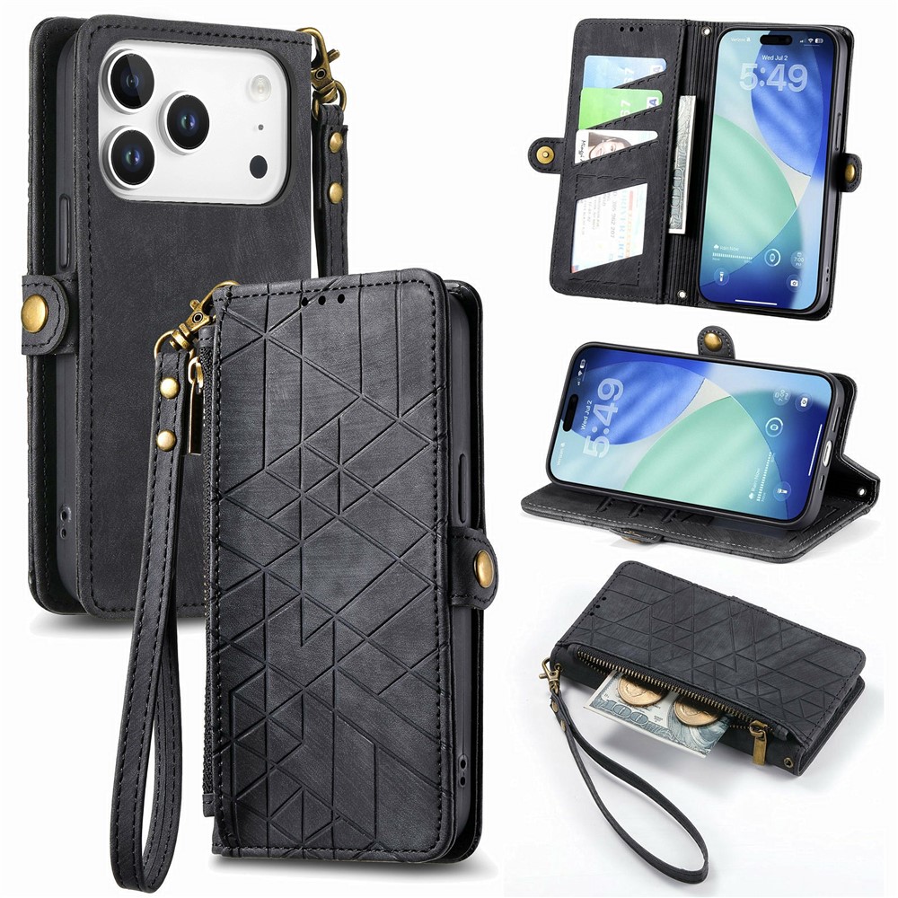 For iPhone 17 Pro Max Case Zipper Wallet Geometry Lines Leather Phone Cover with Strap - Black