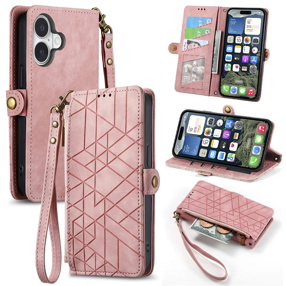 For iPhone 17 Case Zipper Wallet Geometry Lines Leather Phone Cover with Strap - Pink