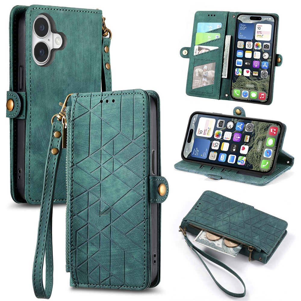 For iPhone 17 Case Zipper Wallet Geometry Lines Leather Phone Cover with Strap - Green