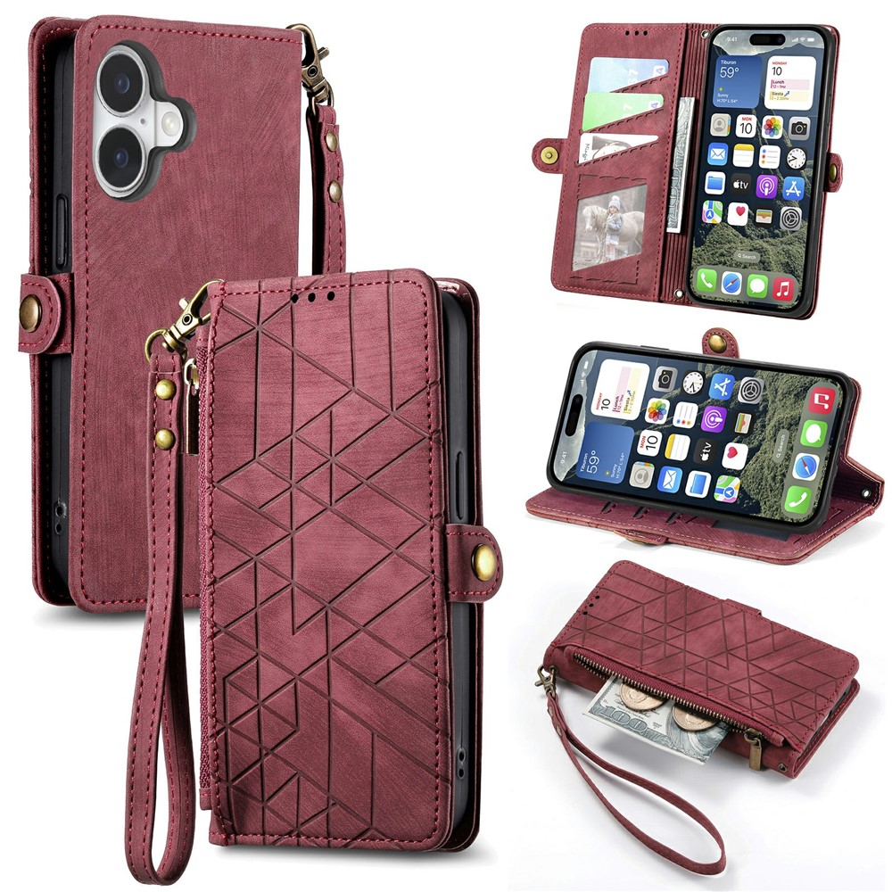 For iPhone 17 Case Zipper Wallet Geometry Lines Leather Phone Cover with Strap - Red