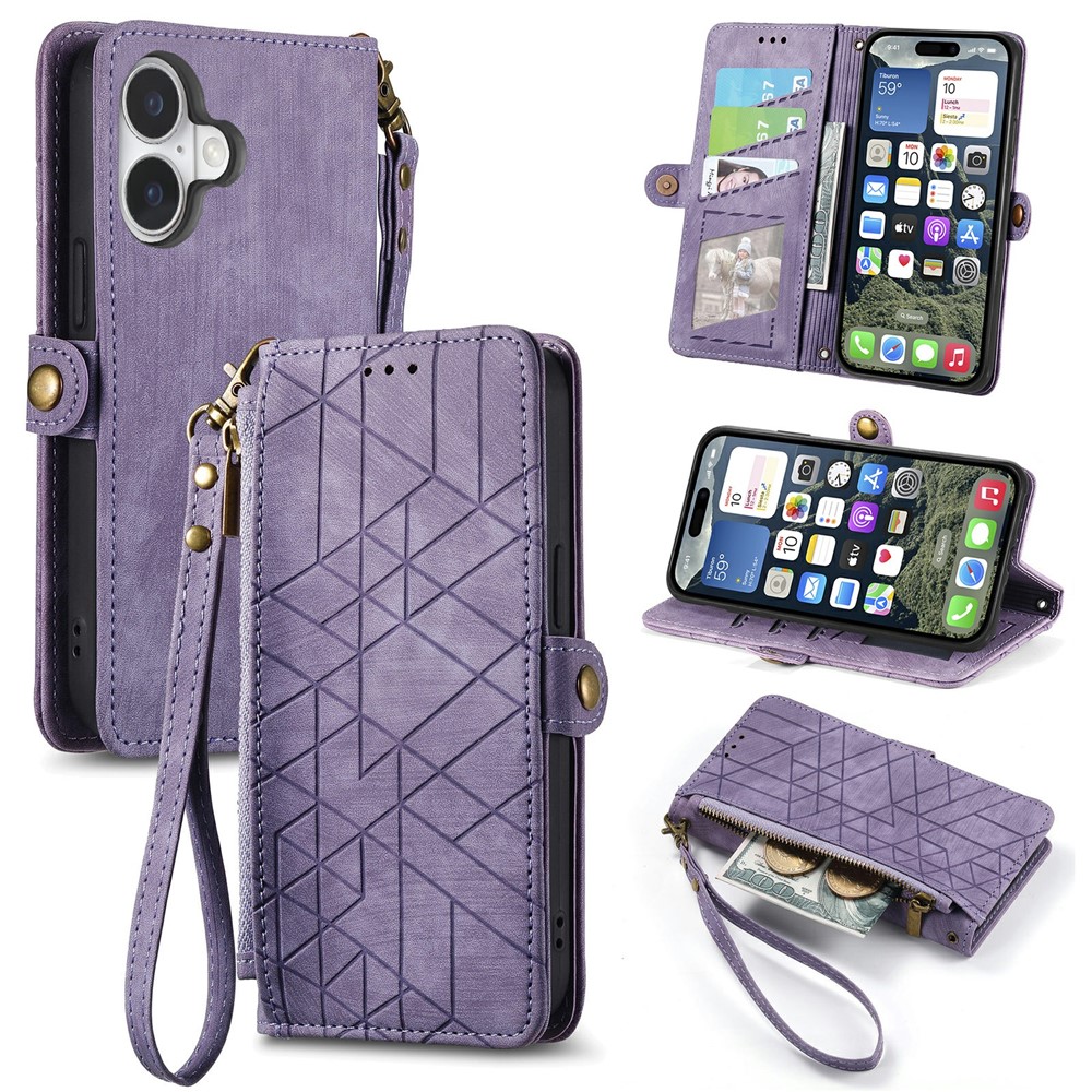 For iPhone 17 Case Zipper Wallet Geometry Lines Leather Phone Cover with Strap - Light Purple