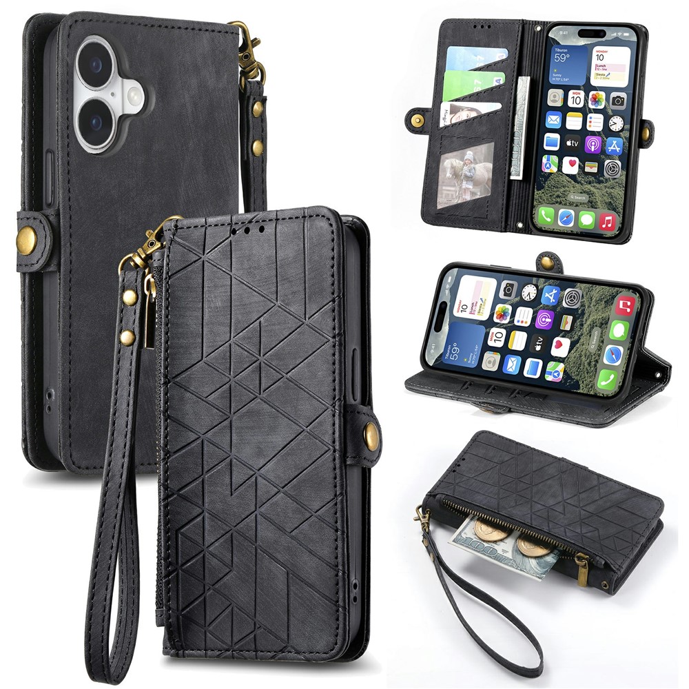 For iPhone 17 Case Zipper Wallet Geometry Lines Leather Phone Cover with Strap - Black