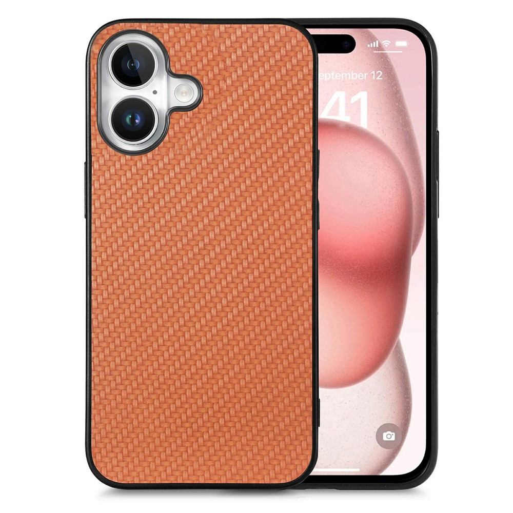 For iPhone 16 Case Carbon Fiber Texture PU Leather + PC + TPU Phone Cover - Brown
