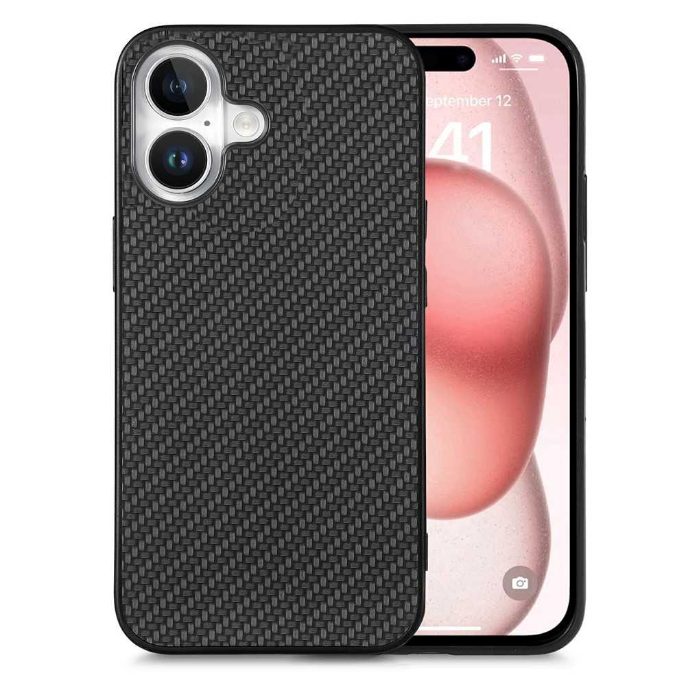 For iPhone 16 Plus Case Carbon Fiber Texture PU Leather + PC + TPU Phone Cover - Black