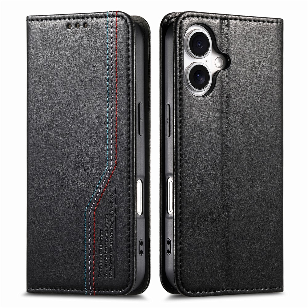For iPhone 17 Case Wallet Tri-Color Stitching Leather Phone Cover with Elastic Wristband - Black