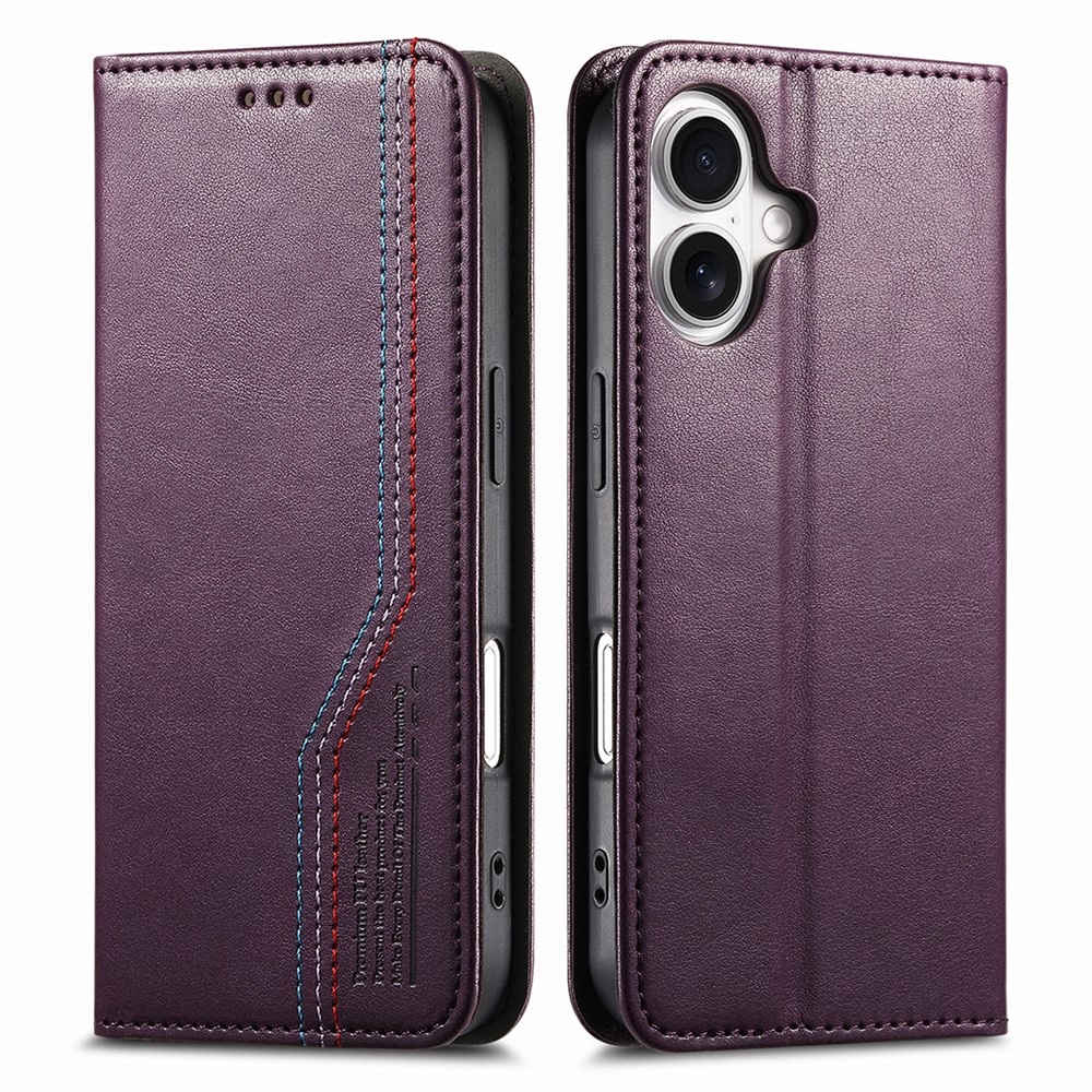 For iPhone 17 Case Wallet Tri-Color Stitching Leather Phone Cover with Elastic Wristband - Purple